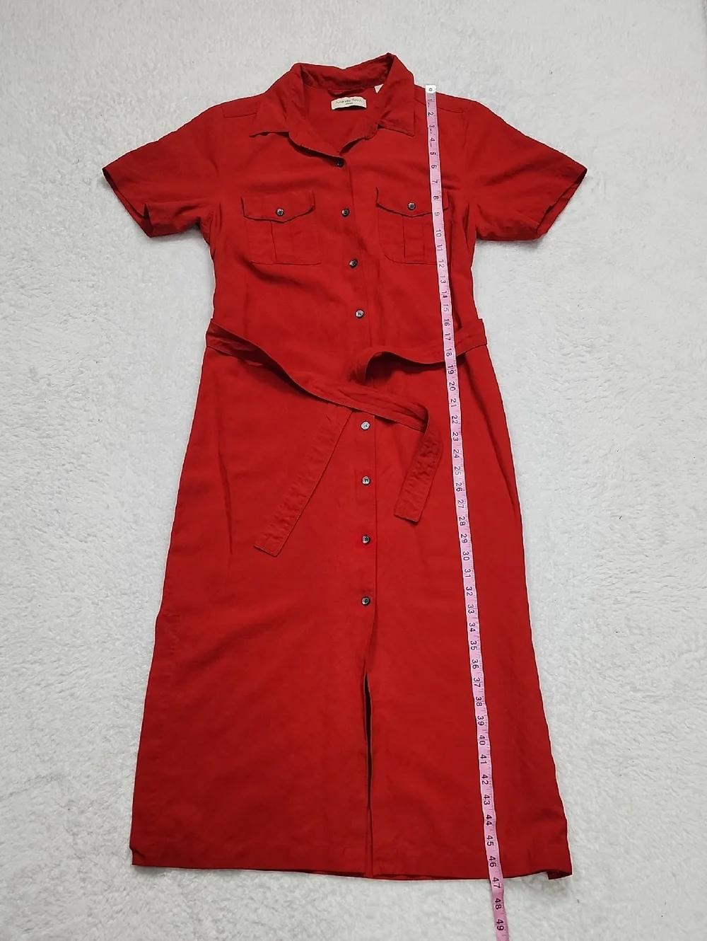 Vintage Amanda Smith Red Midi Button Front Dress Linen & Silk Tie Waist - Picture 4 of 8